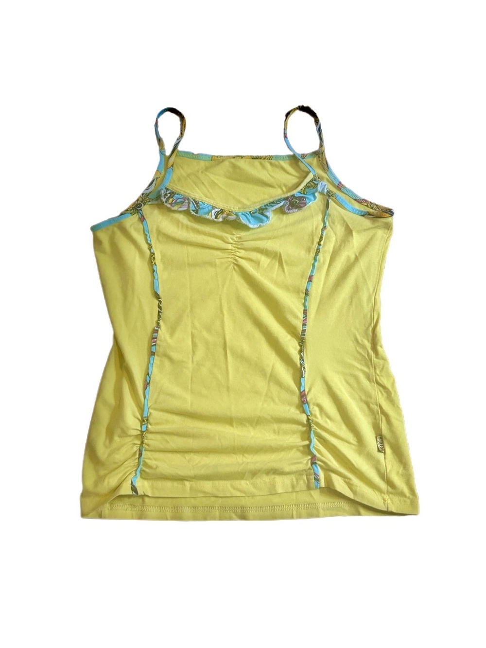 Y2K Ruffle detailing blue pattern 2000โs tank top cami yellow reworked vintage - Picture 1 of 8